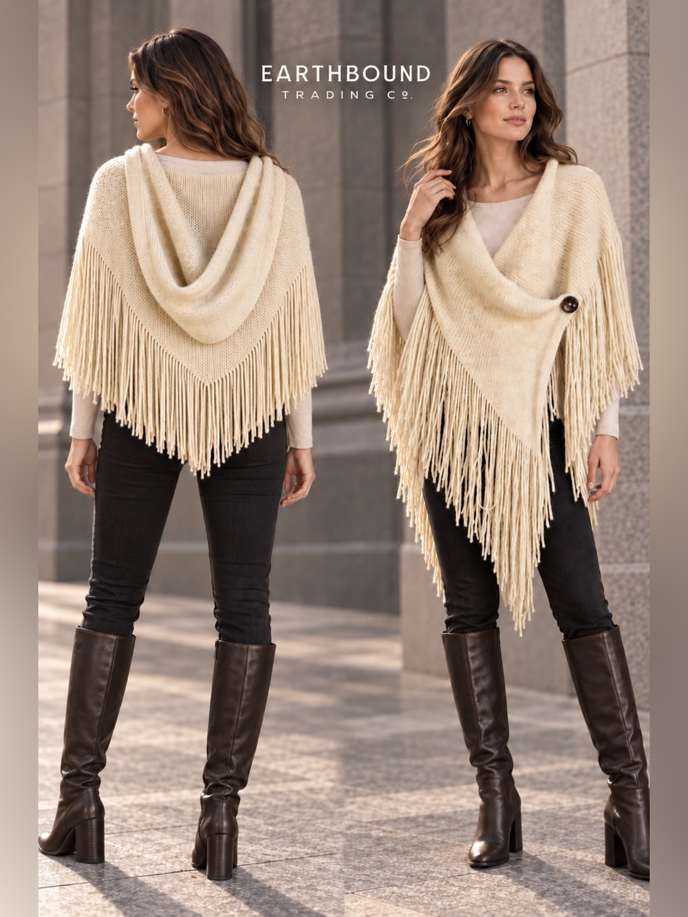 Earthbound Trading Fringe Knit Wrap Cardigan Poncho Cream OS NWOT